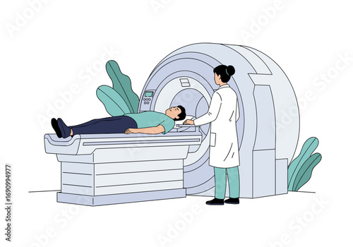Patient undergoing medical magnetic resonance imaging scan in diagnostic room with technician