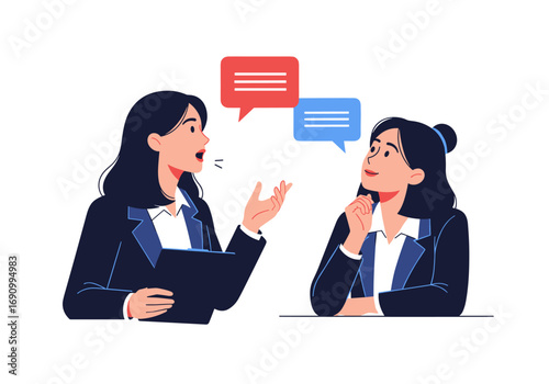 Two women in business suits conversing and discussing ideas with speech bubbles overhead indicating communication and collaboration in the workplace