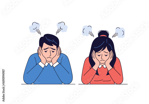 Frustrated people showing emotions with stress and anger vapor from their heads illustration