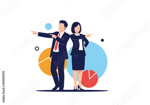 Two business professionals pointing in opposite directions representing strategic direction and decision making in a company