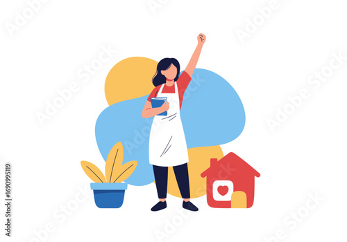 A determined caregiver holding a tablet raising her fist in a triumphant gesture with a small house icon nearby