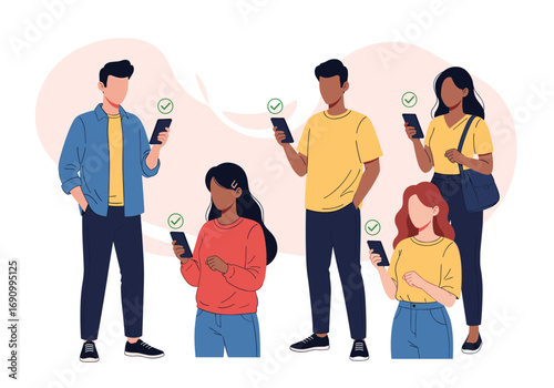 Diverse group of young people using mobile devices confirming something on their screens in a casual setting
