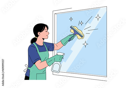 Illustrative depiction of a diligent person meticulously cleaning a large window with a spray bottle and a squeegee tool