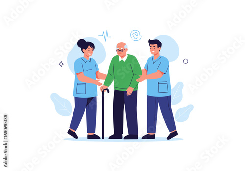 Assisting an elderly man with mobility support and caring hands for gentle guidance and independence
