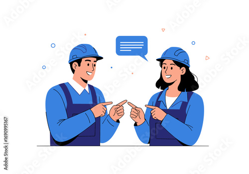 Two construction workers in blue overalls and helmets having a conversation with speech bubble above them