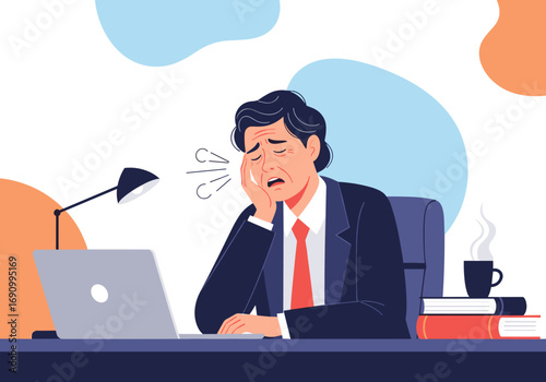 Exhausted businessman feeling tired while working late in the office feeling overwhelmed and stressed