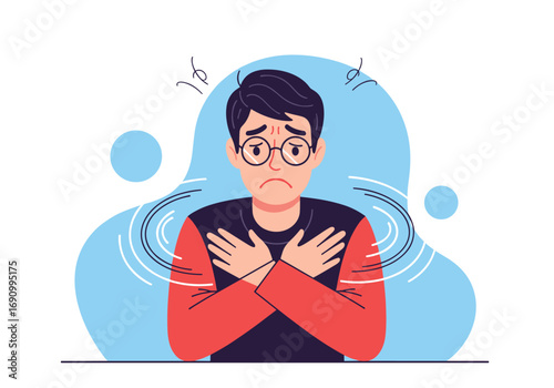 Anxious young man experiencing panic attack symptoms feeling dizzy and overwhelmed in a medical concept illustration