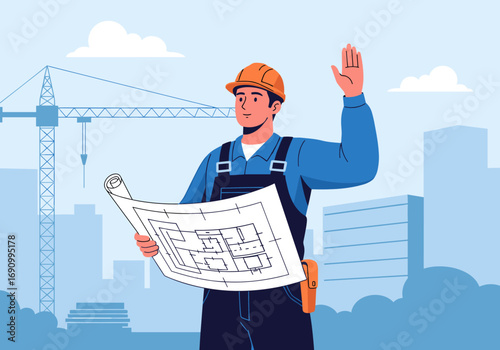 Skilled construction worker reviewing building blueprints and directing operations on a busy construction site amidst cranes and skyscrapers