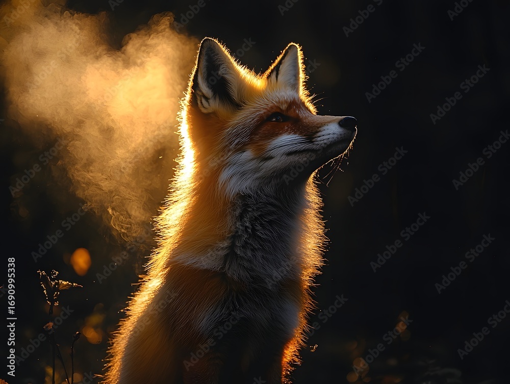 Fototapeta premium A red fox sits bathed in golden sunlight with mist swirling around its head looking attentively into the distance during dawn