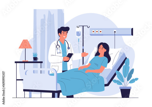 Doctor consulting with patient lying in hospital bed receiving medical care and treatment