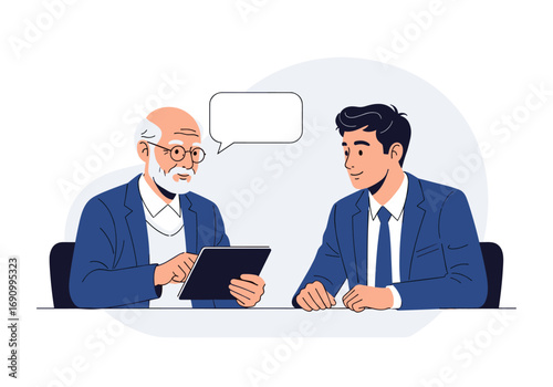 Two businessmen having a meeting discussing something on a tablet with a speech bubble above them