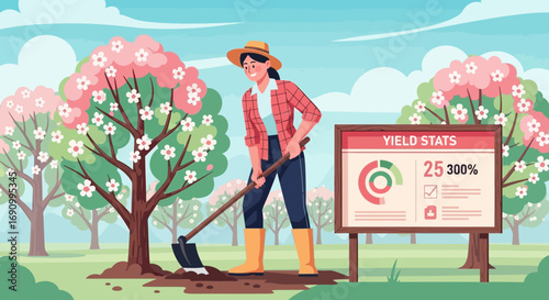 Female farmer working in the orchard with yield statistics displaying on sign board