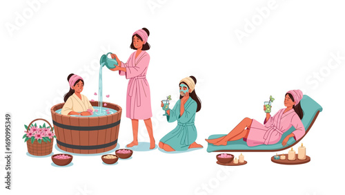 Serene Spa Day: Depicting tranquility, this illustration shows women at the spa. Moments of pure relaxation and rejuvenation, creating a sense of serenity and luxurious escape.