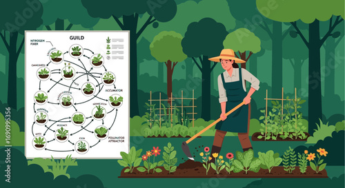 Illustrative depiction of a woman gardening with a guide to plant guilds in background for