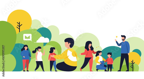 Illustration showcasing family, education, and community engagement in a vibrant environment