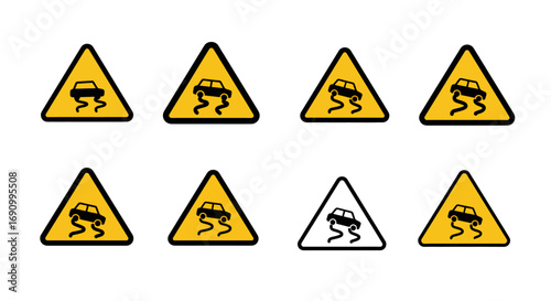 Slippery Road Warning Sign Icon Set Vector Illustration.