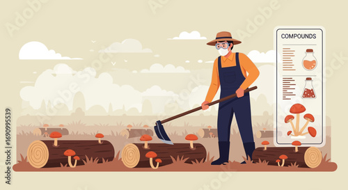 Mushroom cultivation on logs farmer at work cultivating mushrooms in a field agricultural practice