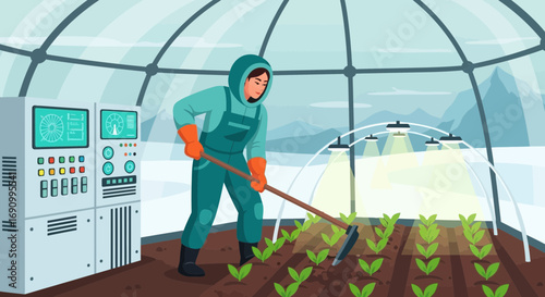 Futuristic Farming: A Woman Tends to Crops in a Climate-Controlled Greenhouse Setting