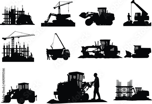 Construction silhouettes with cranes, excavators, bulldozers, loaders, graders, workers, heavy machinery, building site, urban development, construction industry