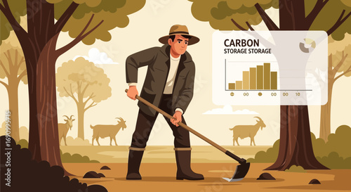 Illustration of a Farmer Promoting Carbon Sequestration with Sustainable Agriculture Practices