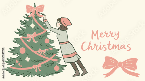 Young girl decorating christmas tree with pink ribbons and ornaments for festive holiday celebration