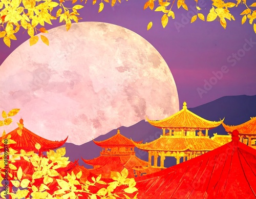 Golden pagodas under a full moon