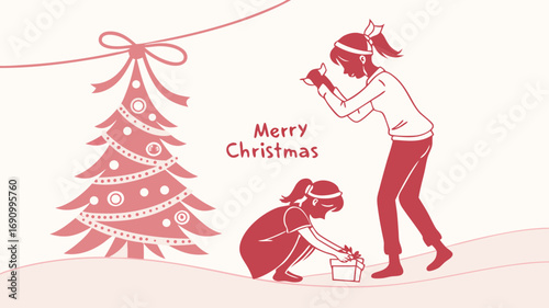 Two girls decorating a christmas tree with lights and ornaments happy festive holiday celebration winter season joy cheerful family togetherness