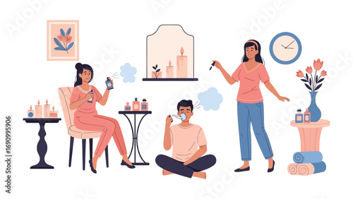 Aromatherapy Retreat: Three figures engaging in a relaxing aromatherapy session. One figure sits and sprays a scent bottle, another sits and tastes a liquid with his eyes closed.