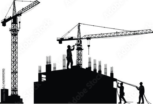 Construction workers silhouettes with tower cranes, rebar, concrete pouring, heavy equipment, building structure, urban site, civil engineering, construction industry