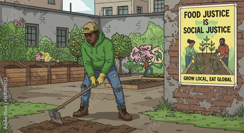 Illustration depicting urban community garden with food justice theme and diverse community