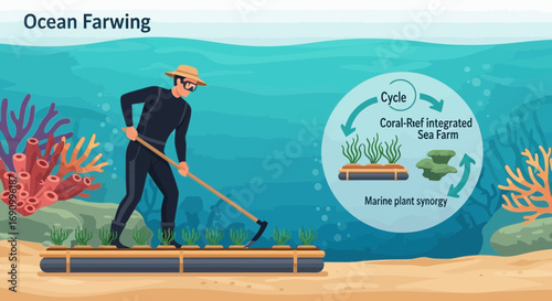 Ocean Farwing: A Sustainable Approach to Coral-Reef Integrated Sea Farming Illustration