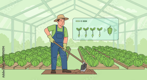 Farmer tending to crops in a greenhouse with augmented reality data on plant growth and