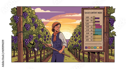 Woman working in a vineyard with a sugar content index chart in the background