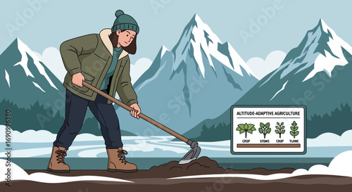Illustration of altitude-adaptive agriculture with woman farming in mountainous region