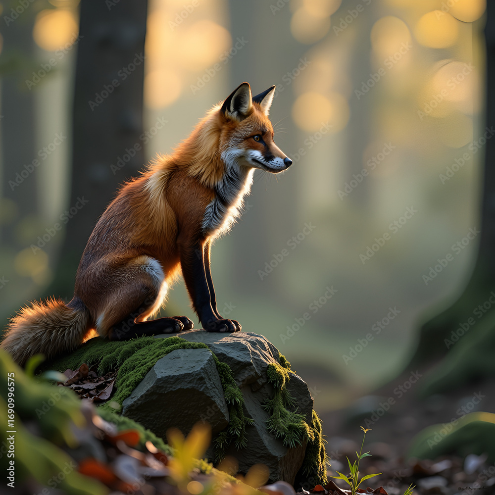 Obraz premium Red fox on mossy forest rock at golden hour