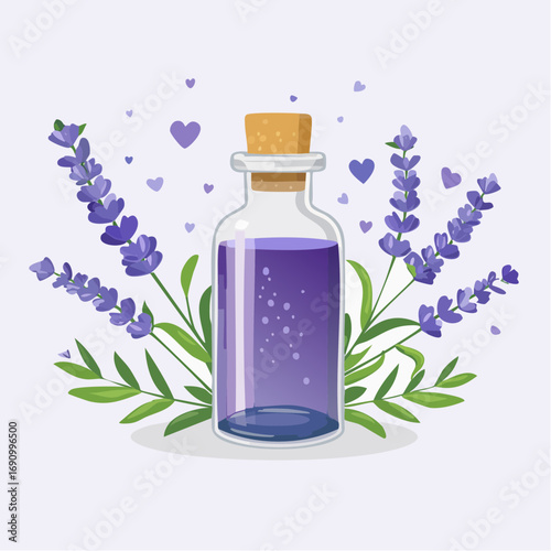 Eine kleine Glasflasche mit Lavendelöl