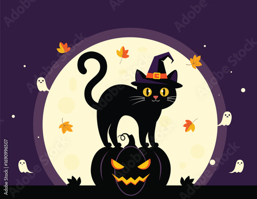 Halloween cat on pumpkin with full moon and ghosts