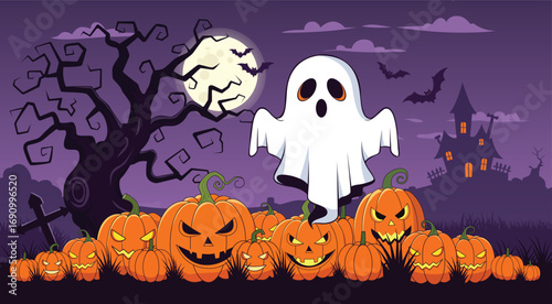 Halloween scene with ghost, pumpkins, and spooky castle
