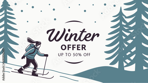 Winter offer seasonal sale snowy landscape with skier and fir trees for ski resort promotion or discount announcement