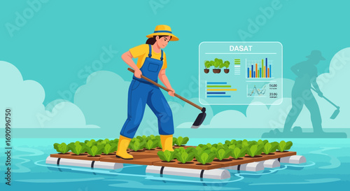 Floating farm technology, sustainable agriculture on water with infographic display for monitoring
