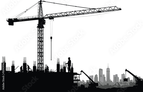 Construction workers silhouettes with tower crane, rebar, building structure, city skyline, construction site background, heavy machinery, civil engineering, urban development