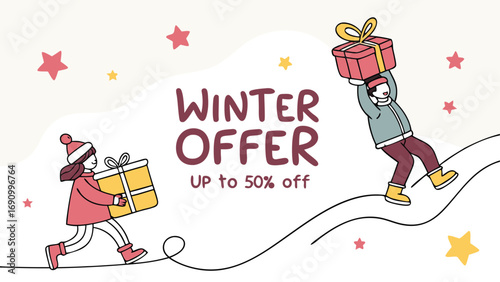 Exciting winter offer up to 50 percent off children carrying gifts celebrating festive season holiday sale announcement