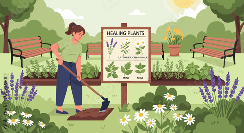 Woman gardening healing plants lavender chamomile and mint in a serene park setting