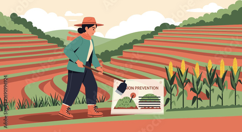 Illustration of a woman farmer working in terraced fields promoting soil conservation and