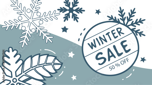 Festive winter sale announcement with snowflakes and discount offer perfect for holiday promotions and seasonal marketing