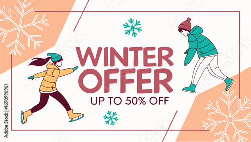 Exciting winter offer sale up to 50 percent off with two people ice skating happy holiday season discount promotion