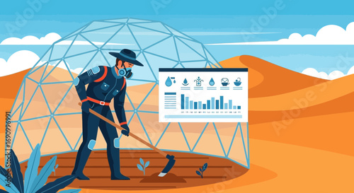 Futuristic agriculture concept with dome greenhouse in desert landscape cultivating plants