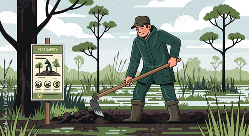 Peatland Restoration: A Man Working to Revitalize a Peat Bog with Safety Signage Visible for