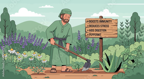 Cartoon illustration of a man gardening herbs with medicinal benefits in a peaceful setting