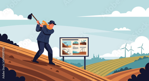 A farmer working on a hillside field with a tool alongside an educational sign board illustrating